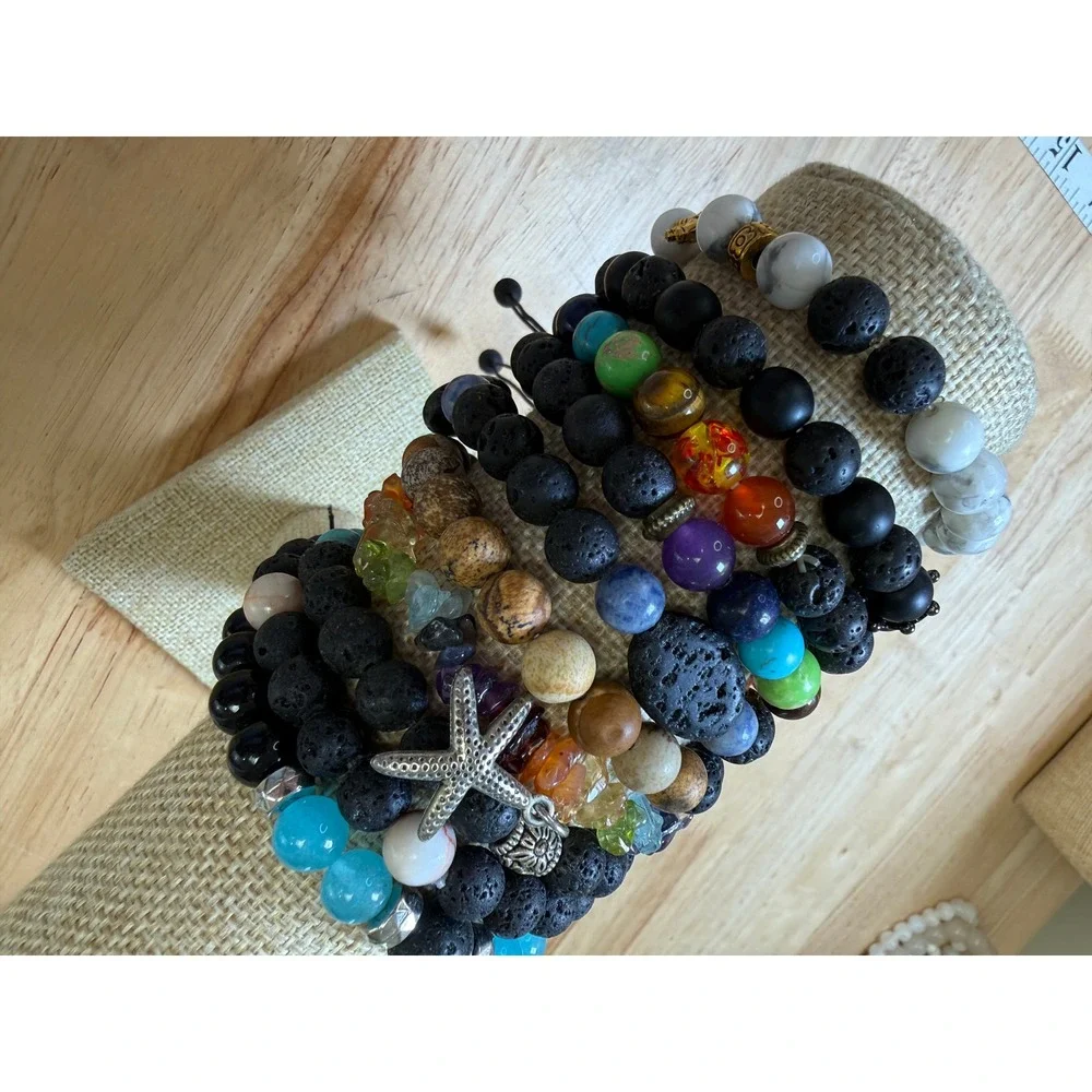 Beaded Bracelet Set Multicolor Lava‎ Rock Chakra Boho Starfish